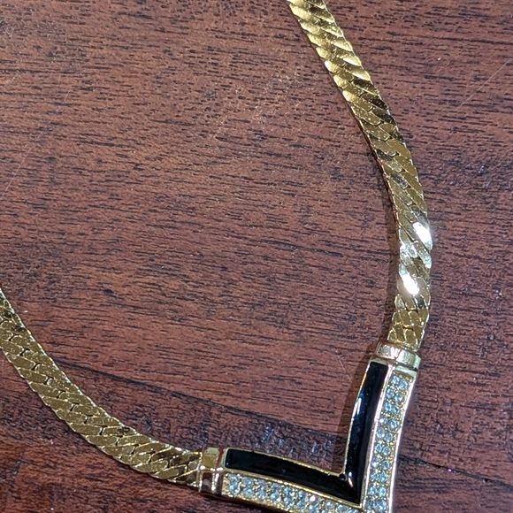 Vintage Christian Dior Chevron Enamel and Rhinestone Gold tone Necklace - Picture 7 of 10